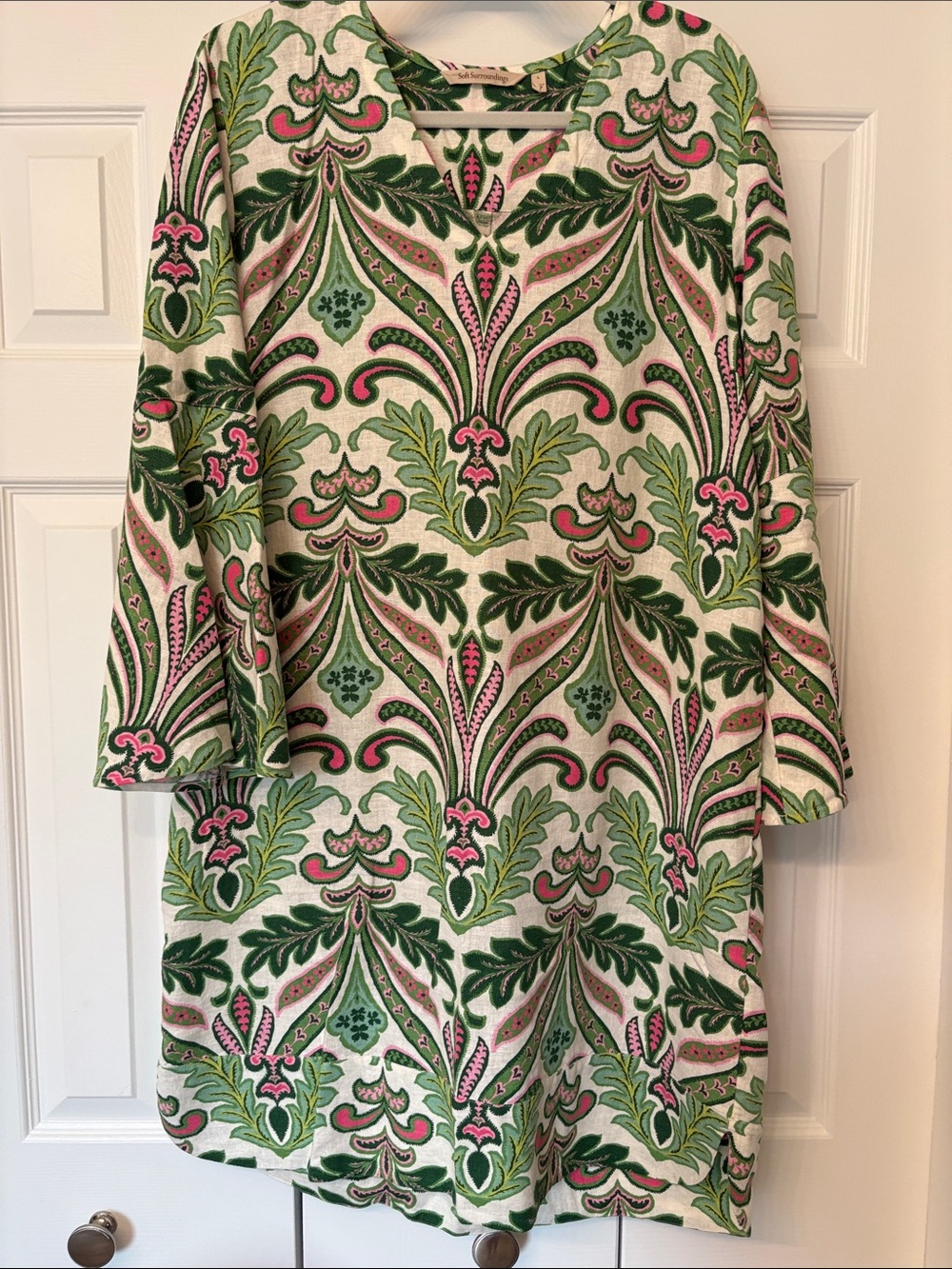 Soft Surroundings Green & Pink Linen Long Sleeve Shift Dress